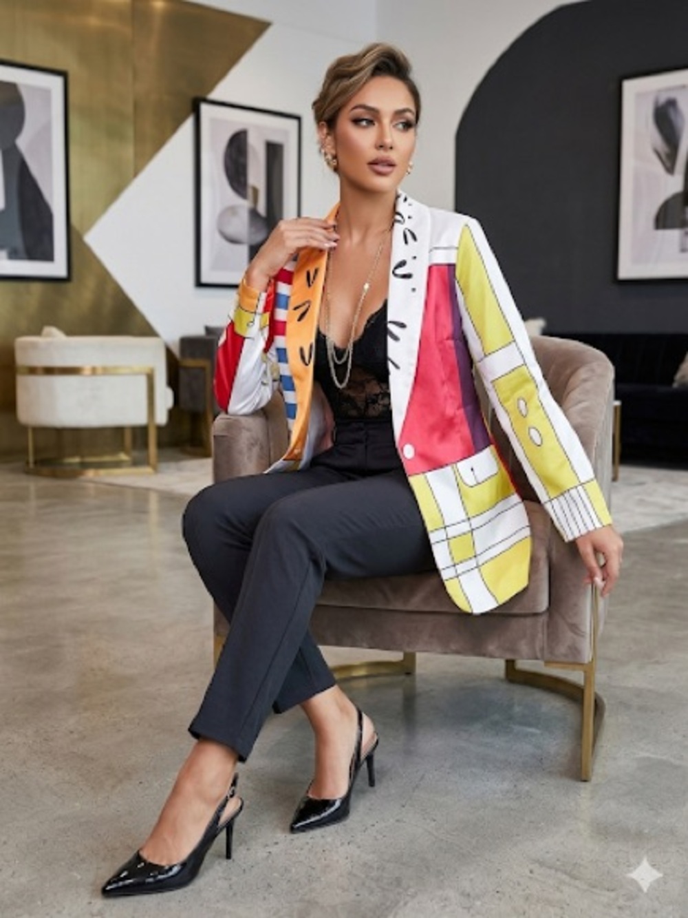 Colorblock Graphic Open Blazer - Multi